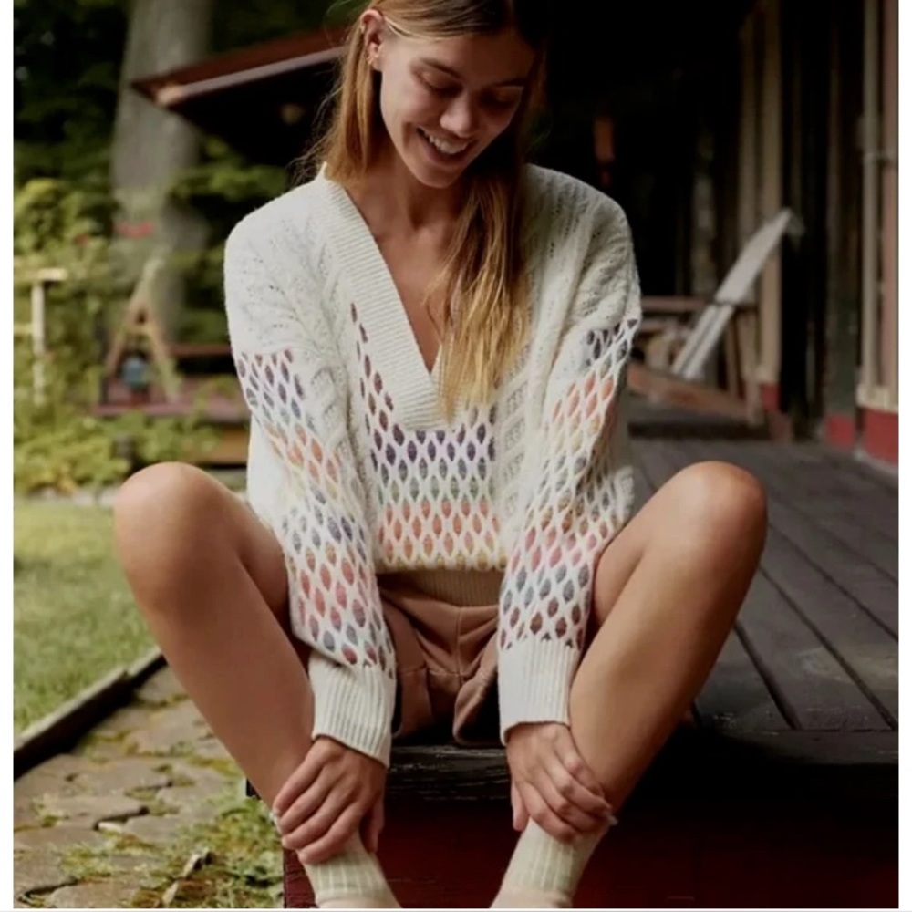 Anthropologie Maeve V-Neck Cable-Knit Wool Rainbow Sweater - Picture 2 of 7